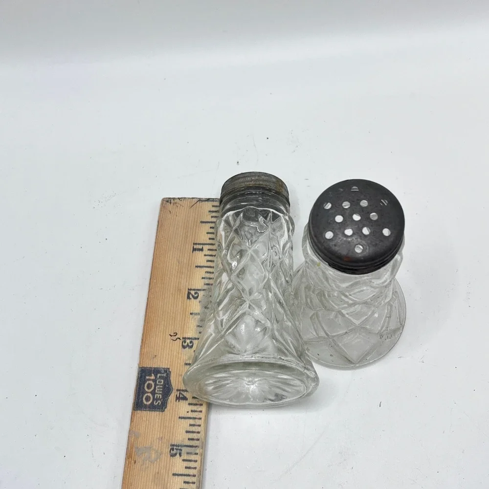 Vintage Pressed Glass Salt and Pepper Shakers Diamond Pattern Metal Lids Set